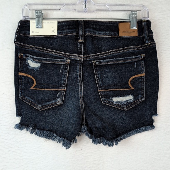 NWT American Eagle Midi Jean Shorts Women's 8 Stretch Dark Wash Distressed Denim - Picture 3 of 5